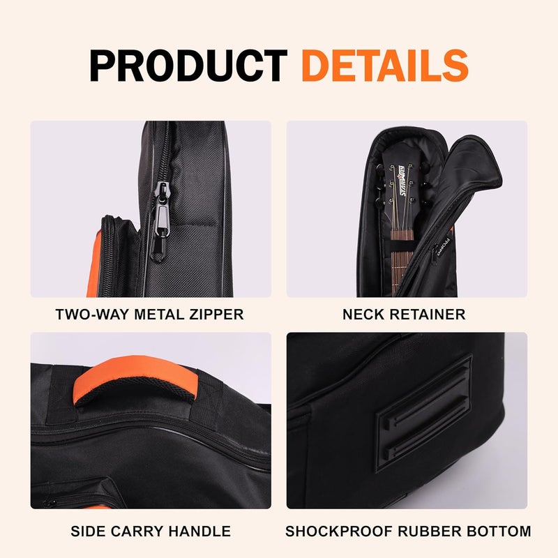 PPOPPO Acoustic Guitar Gig Bag Fits 40/41/42 Inch & 12-String Guitars, 0.5 Inch Thick Padded for Enhanced Protection, 600D Waterproof Soft Backpack Case with Neck Fixed Strap & Dual Shoulder Straps - Image 4